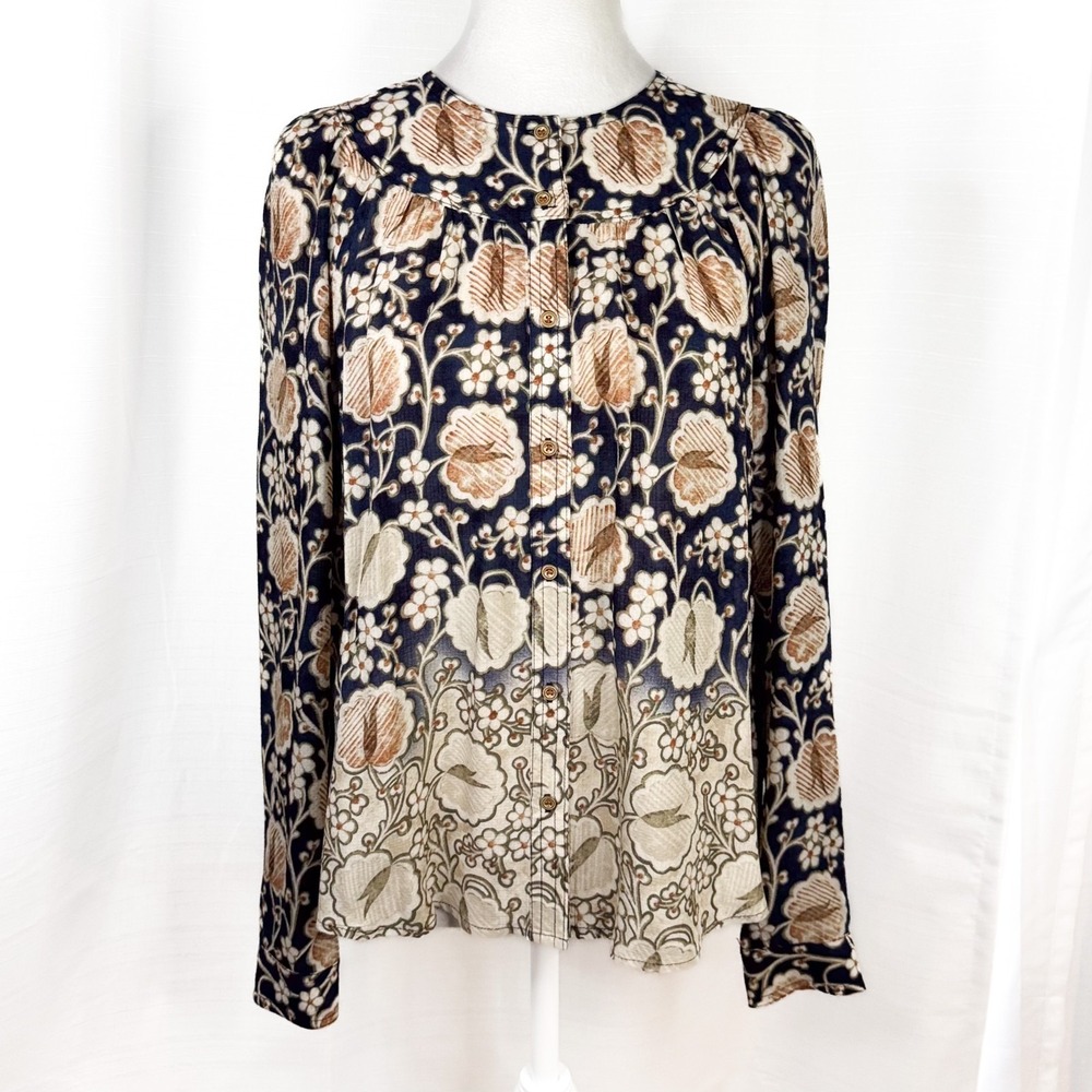 Maeve Anthropologie Blouse XS Navy Floral Rayon Button Front Peasant Top NWOT